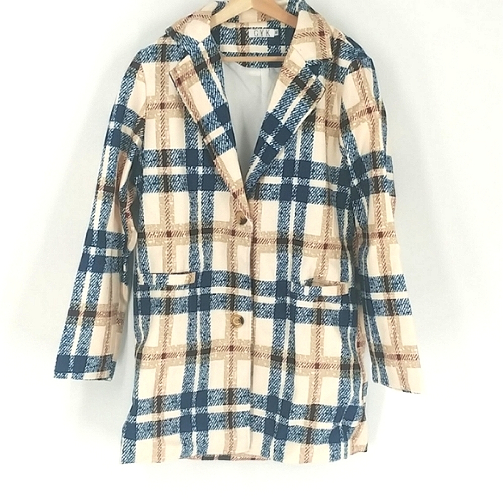 GYK Plaid Blue Beige Coat Women's Size XL
